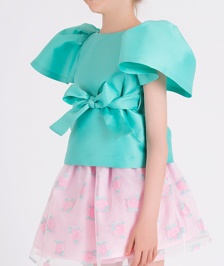 mint balloon sleeved blouse and pink peony printed skirt 