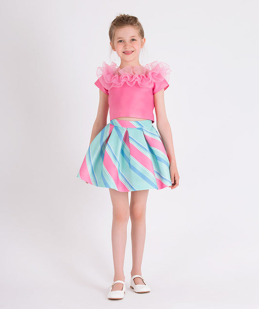 bubblegum pink blouse with ruffled neckline, pink and blue striped skirt