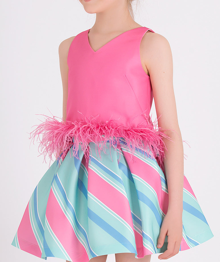 pink blouse with feathery waist, pink and blue striped skirt