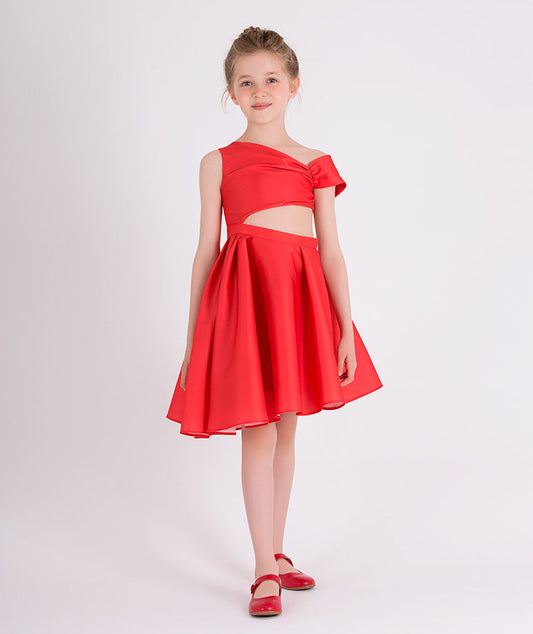 chic red one-shoulder dress with asymmetrical skirt and an open cut on the front