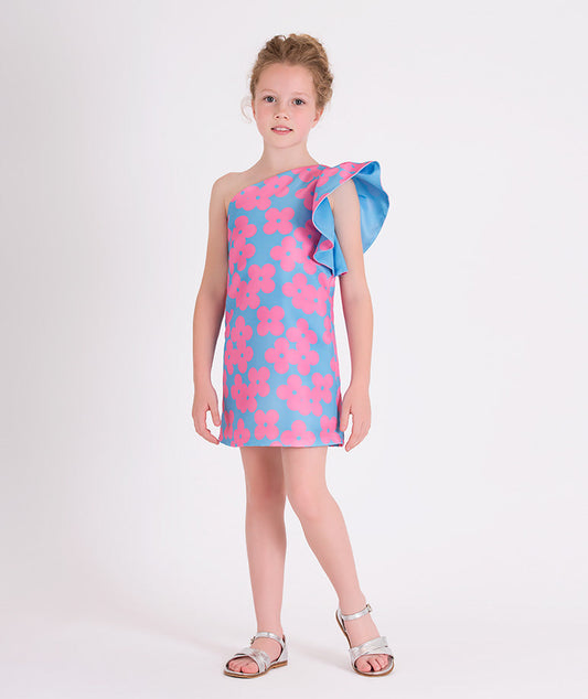 blue one shoulder dress with pink flower prints