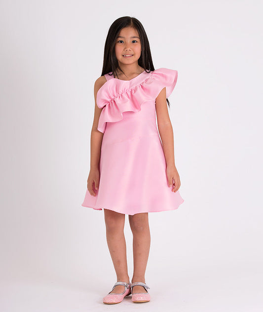 pink one shoulder ruffled dress