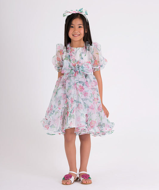 white floral organza dress with a bow on the waist